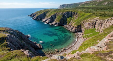 Fototapeta premium Serene Coastal Landscape with Clear Waters and Rocky Cliffs Under Blue Sky