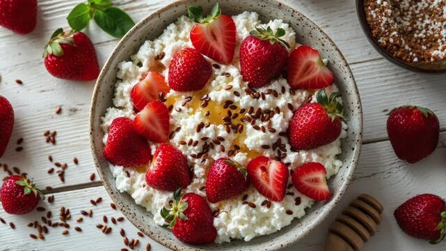 Fresh Strawberries with Cottage Cheese and Honey Garnished with Flax Seeds