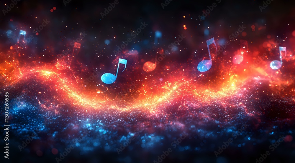 Poster glowing musical notes float through cosmic space with vibrant red and blue nebula clouds, creating m
