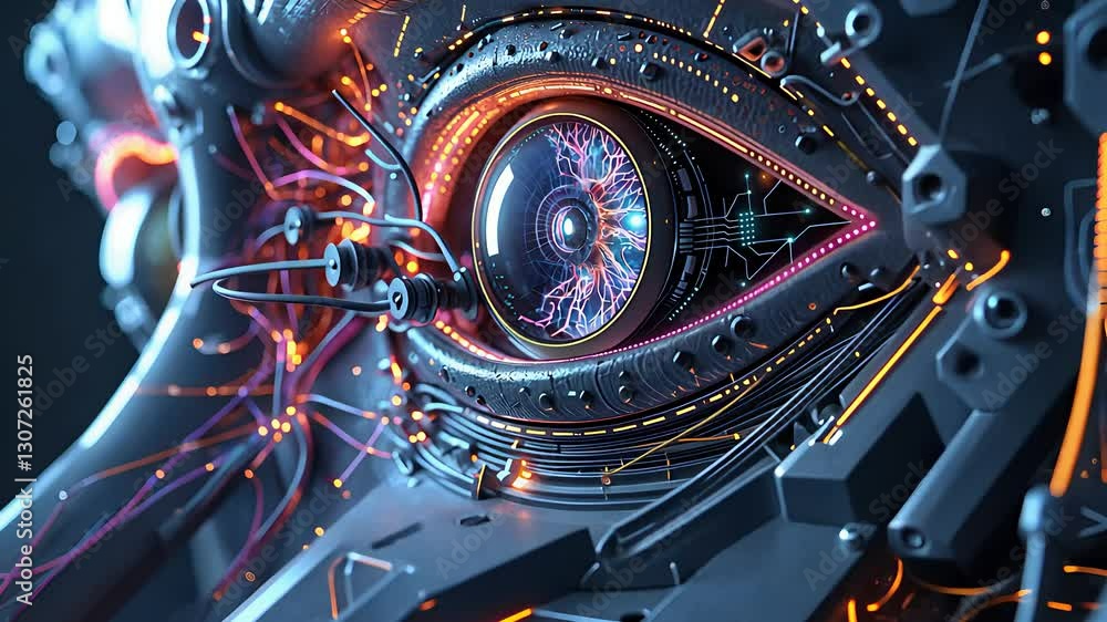 Poster close-up of a futuristic cybernetic eye with glowing circuitry, neural wires, and high-tech mechanic
