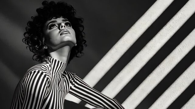 Striking Monochrome Portrait: A woman with a bold, curly hairstyle gazes upward, bathed in dramatic black and white light and shadow.