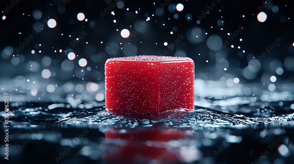 Poster red ice cube on dark wet surface with bokeh lights and water drops in background creates magical win