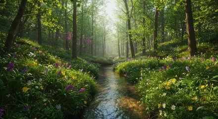 Obraz premium Serene forest scene with a flowing stream surrounded by vibrant wildflowers