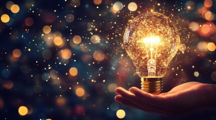 Glowing Light Bulb with Sparkles in Hand Against Bokeh Background
