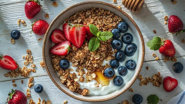 Delicious Breakfast Bowl with Fresh Berries Yogurt Honey and Granola