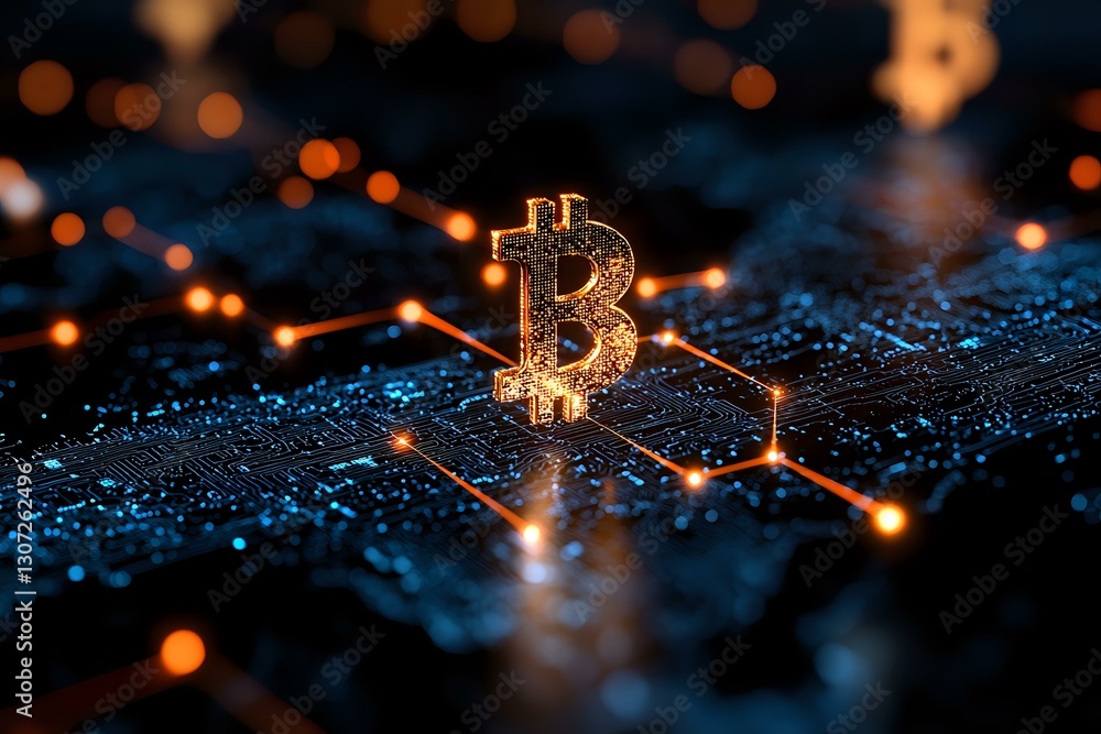 Poster glowing bitcoin symbol on digital circuit board with orange light connections and bokeh effects crea