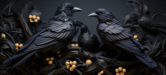 Obraz premium quilling paper crow family, ai generative
