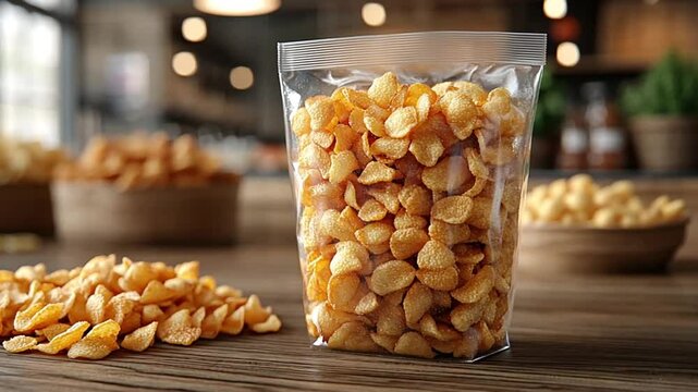 Crispy corn snacks in clear plastic bag on wooden table