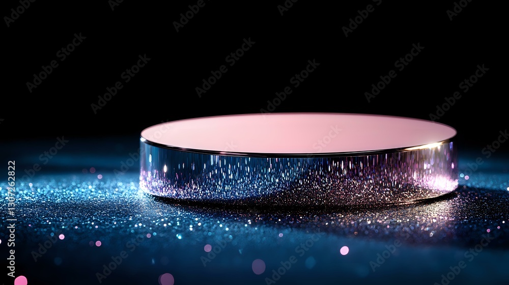 Poster glowing pink round platform surrounded by sparkling blue particles on dark background creates futuri