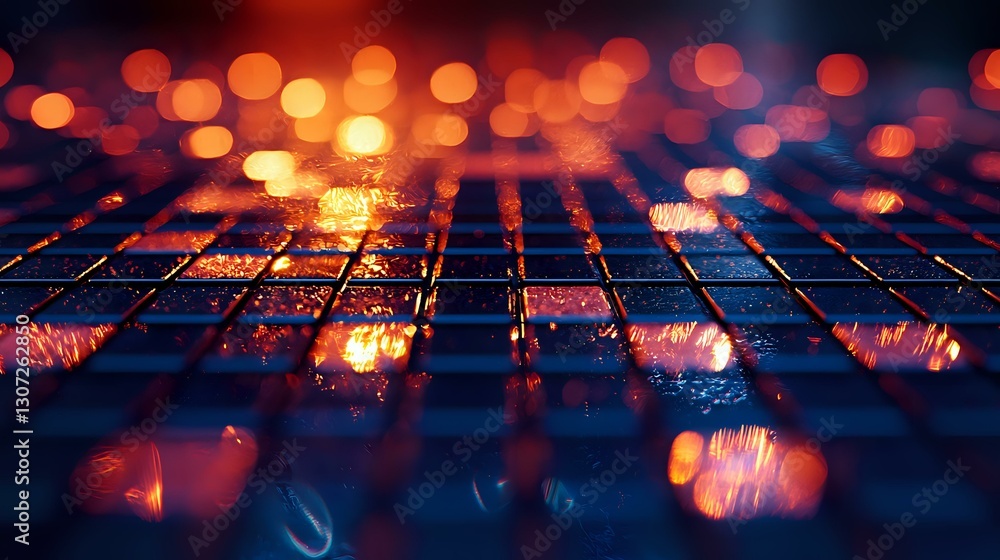 Poster glowing orange bokeh lights over dark blue geometric grid pattern creating futuristic abstract backg