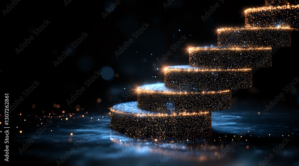 Poster glowing spiral staircase with magical golden sparkles and light particles floating in dark space, cr