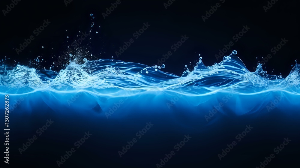 Poster dynamic blue water splash with glowing light effect against dark background, flowing liquid motion w