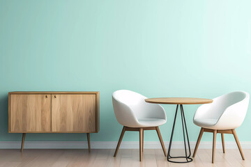 Mint color chairs at round wooden dining table in room with sofa and cabinet near green wall. Scandinavian, mid-century home interior design of modern living room.