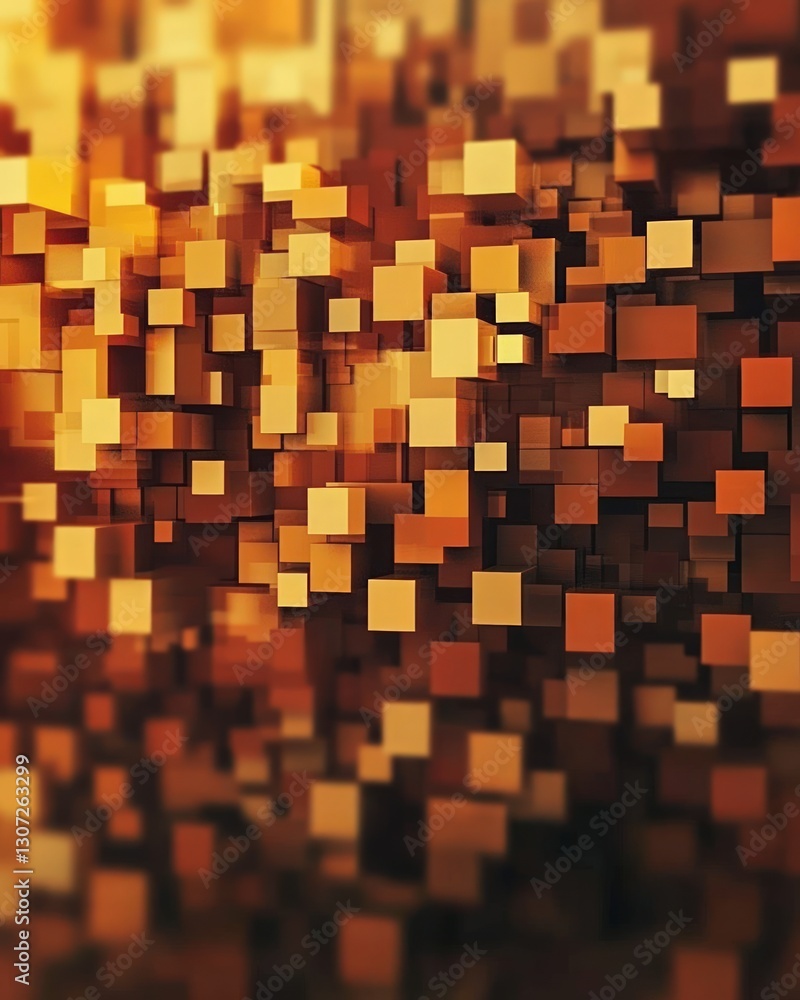 Poster abstract composition of numerous multi-toned brown and gold squares floating in space with shallow d