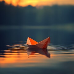 Sunset Serenity Paper Boat on Calm Water at Dusk