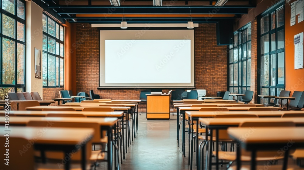 Poster empty modern classroom with projector screen and desks.