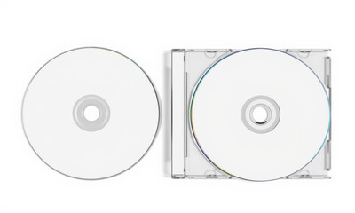 Blank CD and CD jewel case mockup on white background, showcasing minimalist design. Perfect for music or software presentations