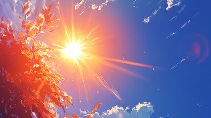 Obraz premium sun, low-angle, blue solid background, bright, golden sun near the horizon, casting long rays and deep shadows.