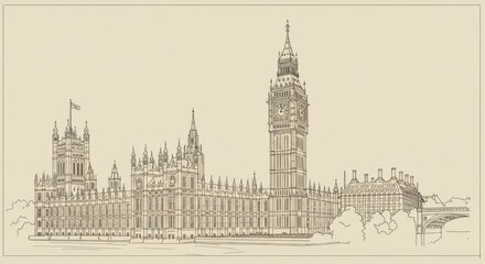Traditional Line Drawing of Big Ben and Houses of Parliament