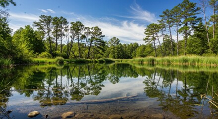 Serene Reflection of Trees and Sky Over Calm Water in a Lush Natural Landscape