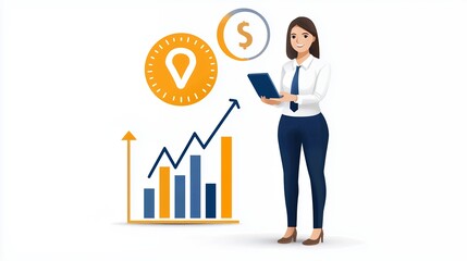 Businesswoman Analyzing Data Growth on Tablet, Pixel Art Style