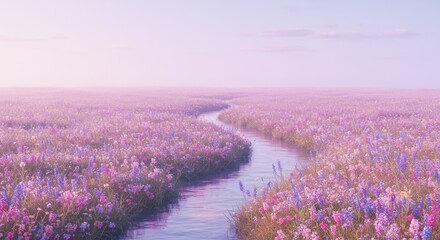 Obraz premium Serene river flowing through a vibrant field of wildflowers at sunset