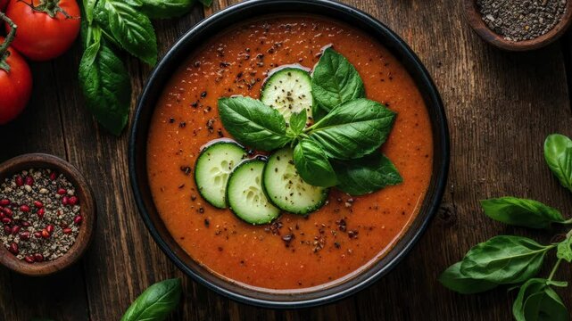 Fresh Tomato Soup Garnished with Cucumber and Basil, Rustic Wooden Background