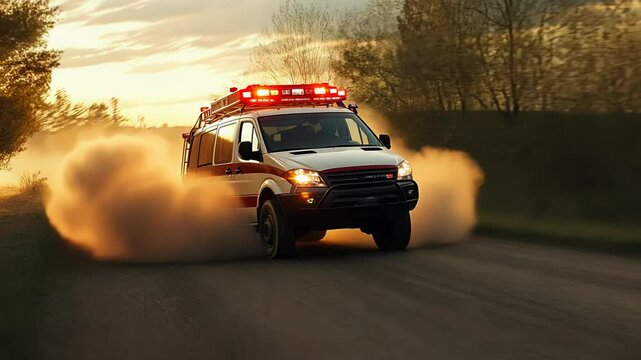 An ambulance speeds down a winding country road kicked up dust behind it, racing against time in response to a critical emergency at sunset.