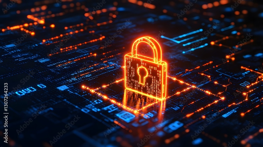 Poster cybersecurity lock: digital protection of online assets, system security, data encryption, and acces