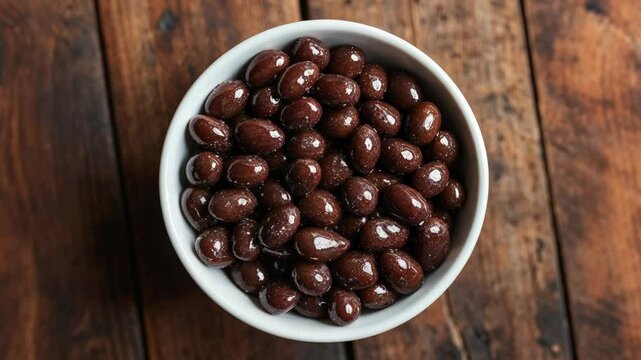 Bowl of Chocolate Covered Almonds on Rustic Wooden Table