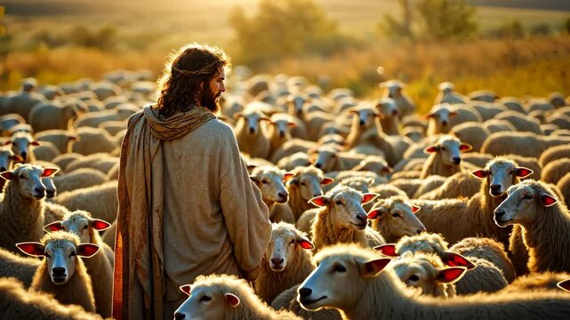 The Shepherd and the Flock: The shepherd, a symbol of guidance and care, stands amidst his flock of sheep.