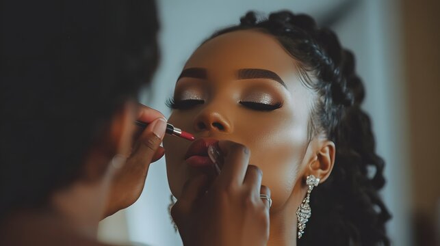 Lipstick application for a flawless look. Professional makeup artistry in progress, emphasizing beauty.