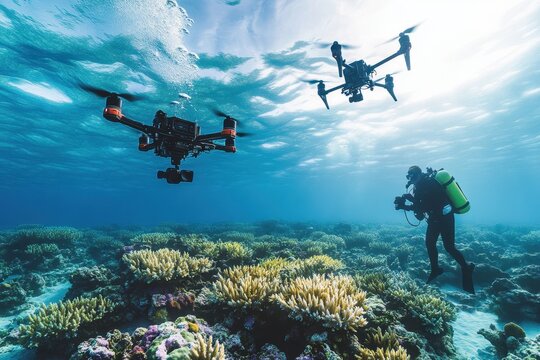 Diver explores vibrant coral reef using underwater drones for marine research