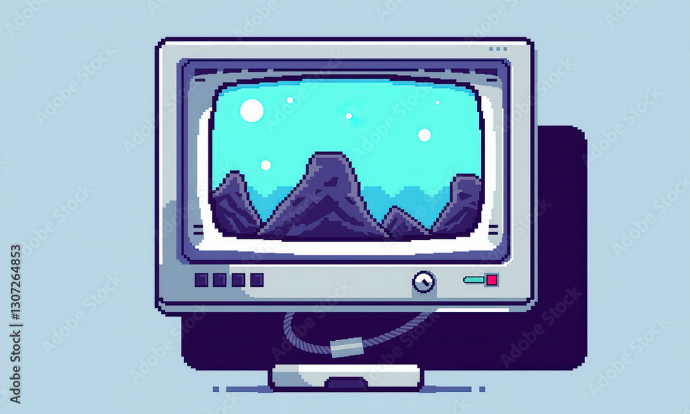Fototapete retro computer monitor displaying pixel art landscape with mountains and blue sky, evoking nostalgia