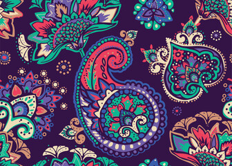 Seamless paisley pattern in Oriental style with floral and ethnic motifs for printed fabric, wallpaper, and packaging