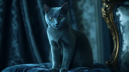 Cute fantasy cat posing gracefully in an elegant room capturing a dreamy atmosphere