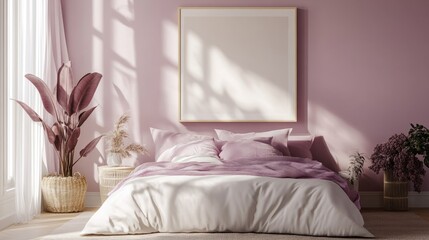 A charming pastel purple bedroom with a large framed art print mockup, a cozy bed, and sunlight streaming in through a spacious window.