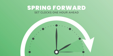 Spring Forward. Daylight Saving Time Start banner with clocks turning forward one hour. Vector illustration