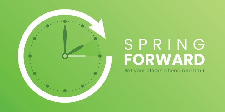 Spring Forward. Daylight Saving Time Start banner with clocks turning forward one hour. Vector illustration - Powered by Adobe