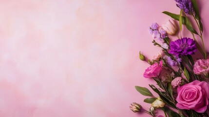 Fototapeta premium A vibrant arrangement of colorful flower on a soft pink background, perfect for celebrations