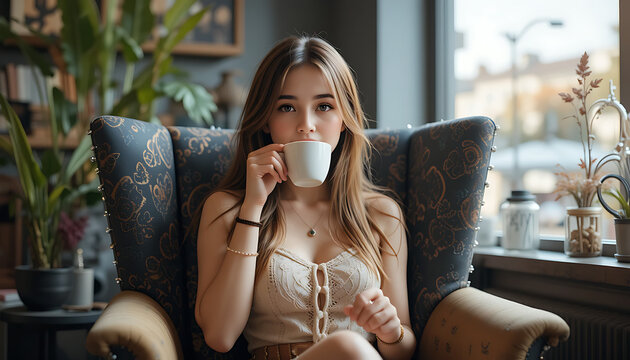 young woman sitting on a sofa with dye hair HD and 4k image