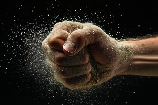 A hand tightly clenching sand, with particles scattering, captured in striking lighting against a dark background, symbolizing strength and transience.