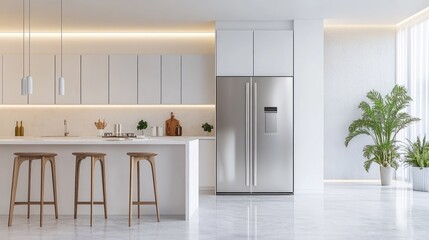 Fototapeta premium A contemporary kitchen with a large stainless steel fridge, white walls, and minimalistic decor, emphasizing brightness and simplicity