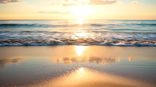 A serene close-up view of soft waves breaking on the shore, illuminated by the warm, golden light of a sunset. The tranquil scene captures the beauty and peace of the ocean at dusk. Summer concept