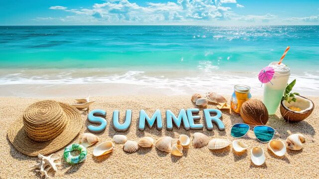 A sunny beach scene with "SUMMER" written in the sand, surrounded by fun summer items like a cocktail, coconuts, sunglasses, and seashells. The gentle waves roll onto the shore, creating a relaxing, v