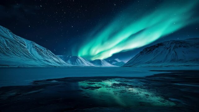 A breathtaking landscape of snow-covered mountains illuminated by the vibrant colors of the aurora borealis. The serene, natural beauty creates a magical and peaceful atmosphere