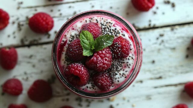 Healthy Raspberry Yogurt Dessert with Chia Seeds in a Rustic Setting