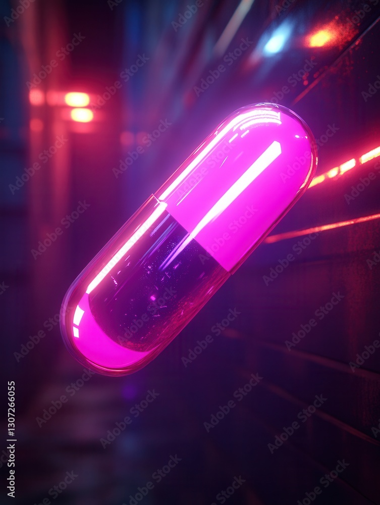 Poster futuristic neon cyberpunk pill floating in a dark void with sci fi medical aesthetics and advanced 3