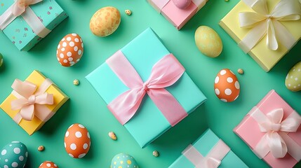 delightful spread of colorfully wrapped Easter gifts tied with satin bows, accompanied by Easter eggs featuring polka dot and other patterns, all set against a vibrant green background,charming Easter