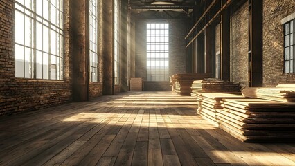 A spacious, well-lit industrial warehouse with large windows, exposed brick walls, and stacks of wooden planks on the floor. Concept Industrial Warehouse Design, Natural Lighting